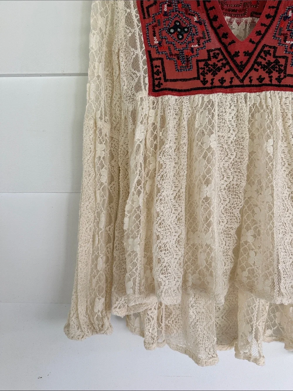 Free People Cream Lace Peasant Blouse with Red Embroidered Bib